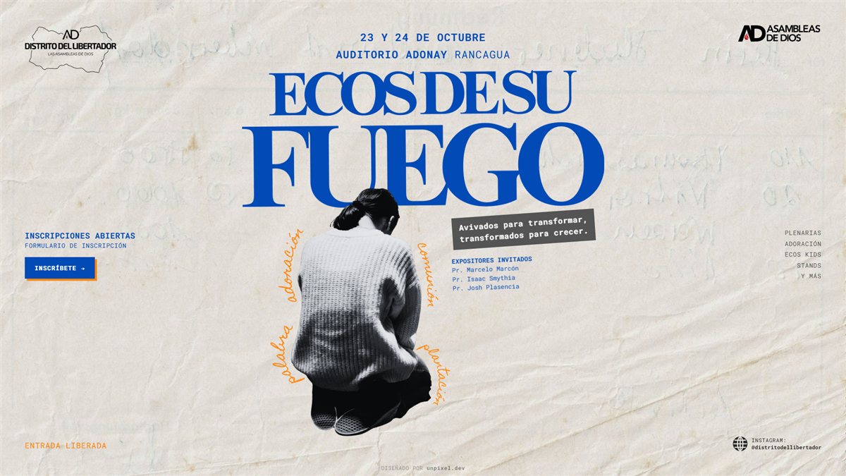Portada de Ecos de su Fuego, con las fechas del evento, los expositores invitados y el botón de inscripción