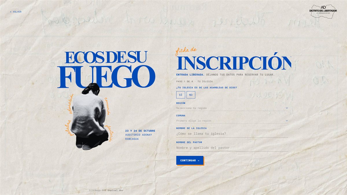 Primer paso del formulario de inscripción de Ecos de su Fuego, con los datos de la iglesia